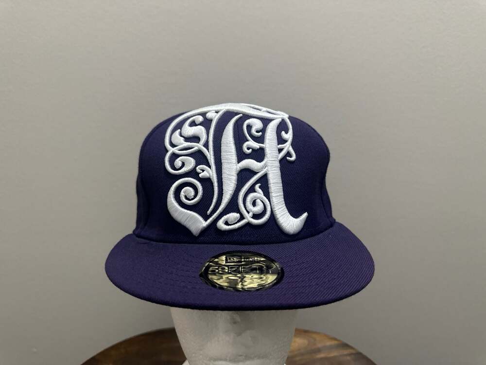Vtg Alife x New‎ Era 59FIFTY Ornate Script A Fitted Hat Purple Size 7 and 8